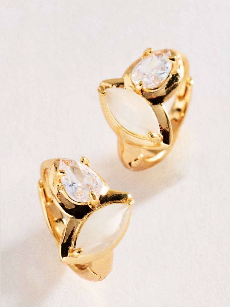 Anthropologie Gold Huggie Hoop Earrings With Double Clear And White Stones